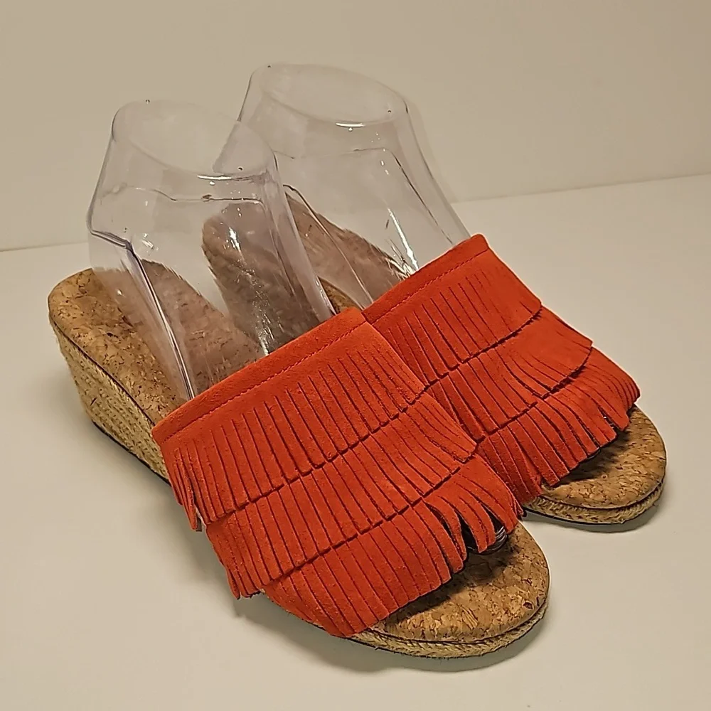 UGG Kendra Wedge Sandals Slides Espadrilles Suede Leather Fringe Cork Orange 7